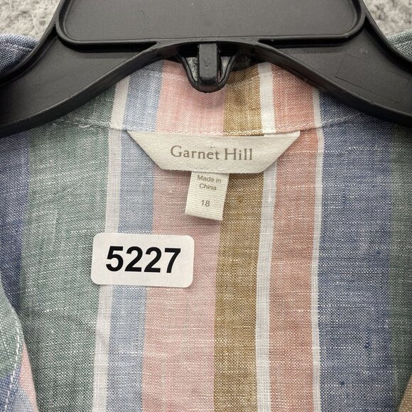 Garnet Hill Top Womens 18  Pink Green Stripes Collared 100% Linen Button Up - Picture 3 of 11